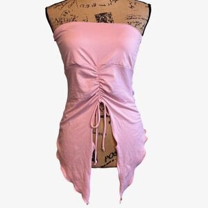 Just Polly Womens Y2K Fairycore Ruched Front Drawstring Tube Top Pink Large USA